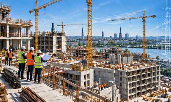 Baustelle eines Großprojekts mit Kränen vor der Stadtsilhouette